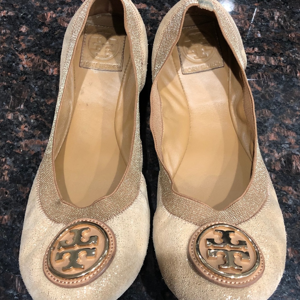 Tory Burch Ballerina Reva Flats Tan & Gold Size 9